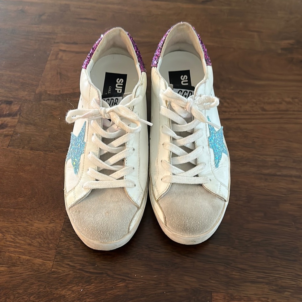 GOLDEN GOOSE SuperStars. Leather & Suede Glitter Sneakers. Size 37. - Picture 5 of 9